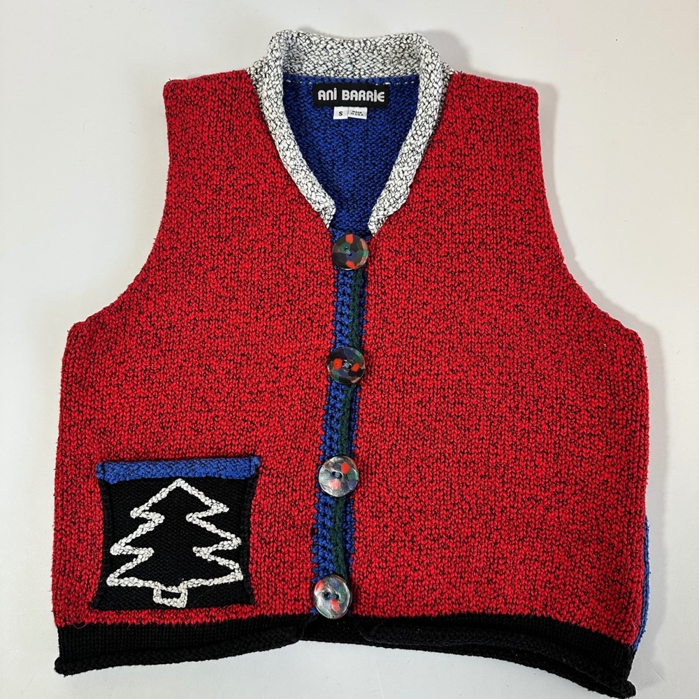 Vintage Knit Cotton Vest Red Blue Small‎ Christmas Tree Holiday Retro Festive